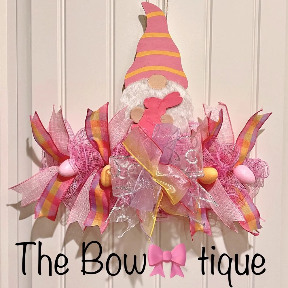 14” Easter Spring Ribbon Bow Wreath Rail Gnome Handmade Pink Orange Hndmd Gr2
